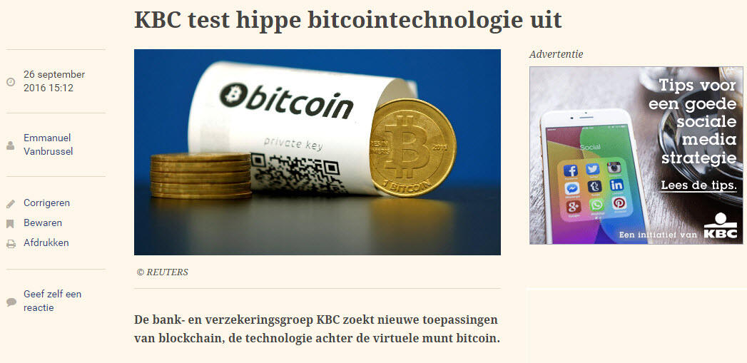 De Tijd over hoe KBC via Bolero Crowdfunding aan de slag gaat met blockchain